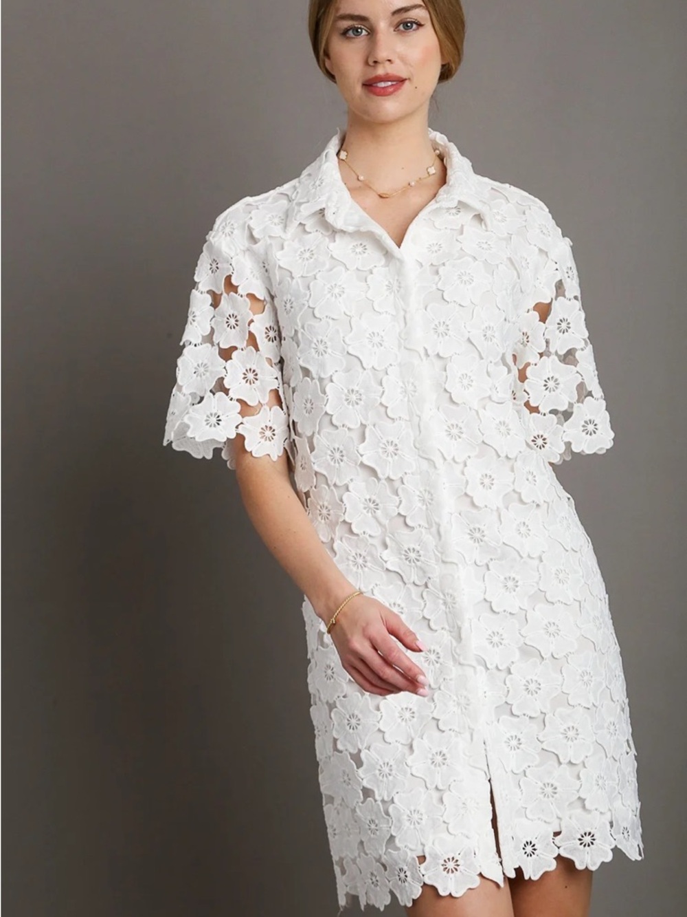 Umgee White Floral Eyelet Shirtdress